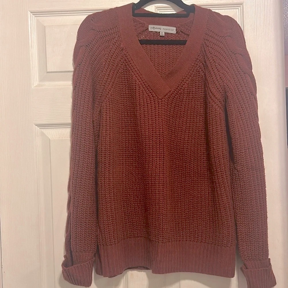 Almost Famous Women’s V-Neck Red Rust Sweater Size XL Fall Winter